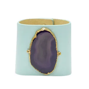 LOVED CUFF - MOONSTONE WHITE LEATHER WITH PURPLE AGATE  M.1.02.006.2063