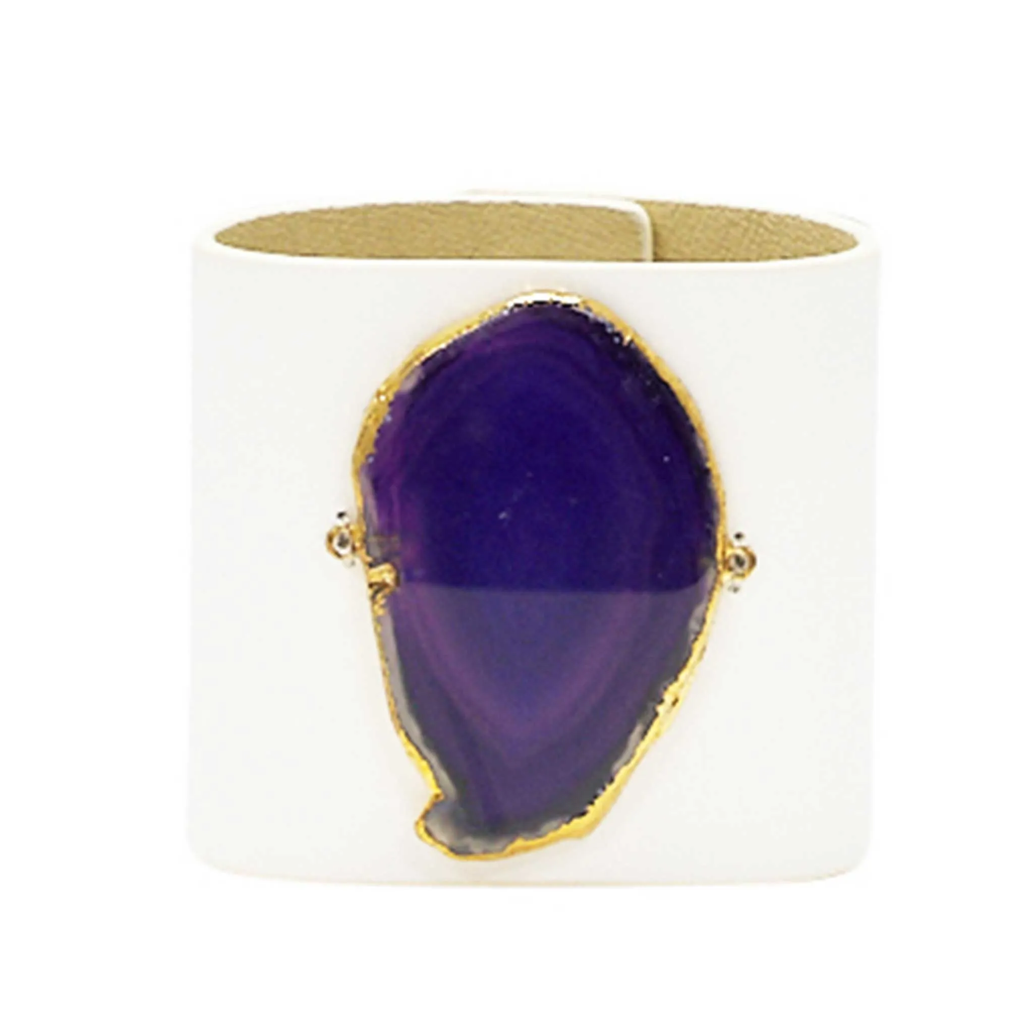 LOVED CUFF - MOONSTONE WHITE LEATHER WITH PURPLE AGATE  M.1.03.006.2100