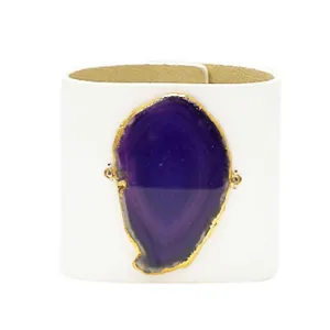 LOVED CUFF - MOONSTONE WHITE LEATHER WITH PURPLE AGATE  M.1.03.006.2100