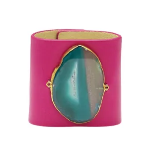LOVED CUFF - PINK RUBY LEATHER WITH GREEN AGATE  S.1.01.001.2010