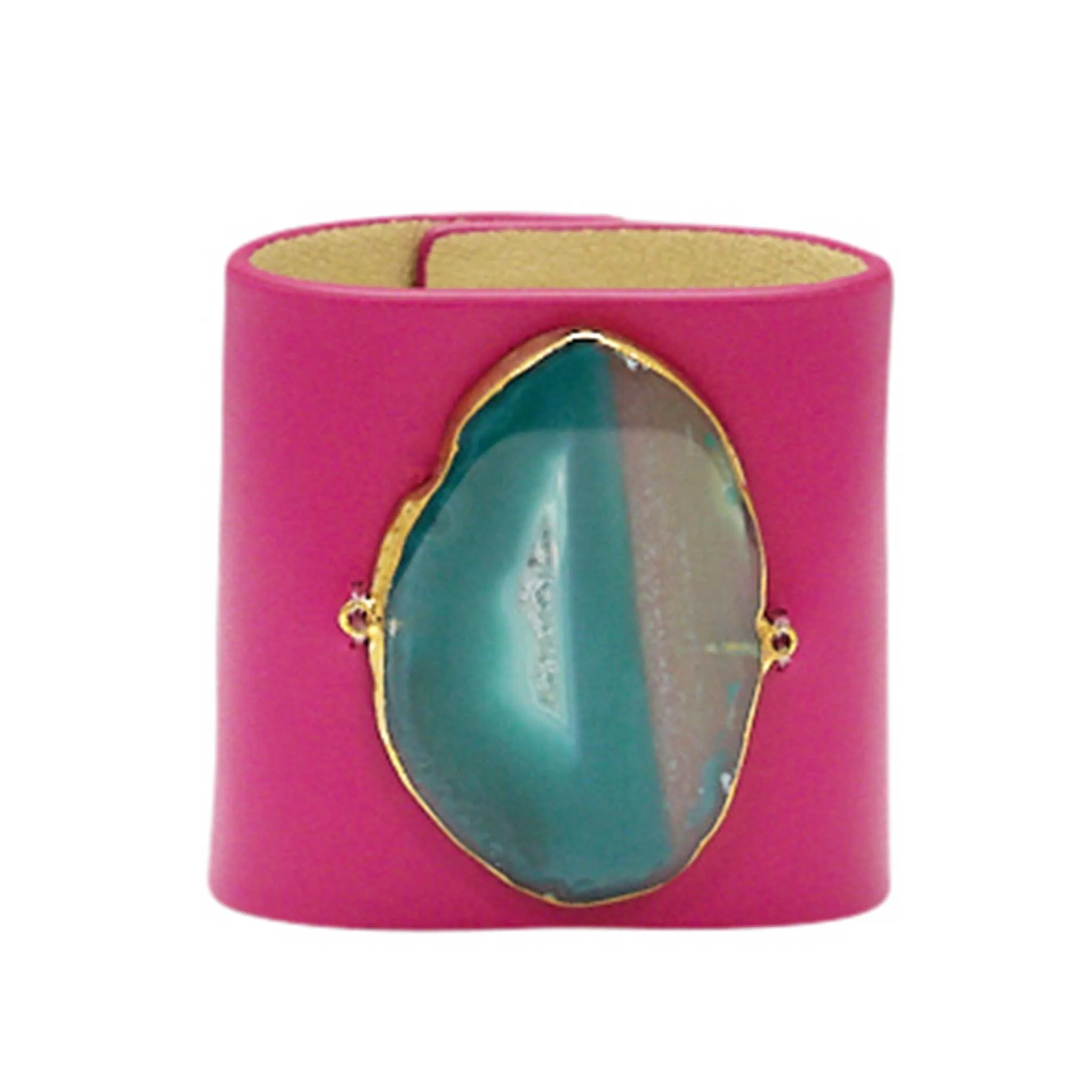 LOVED CUFF - PINK RUBY LEATHER WITH GREEN AGATE  S.1.01.001.2010