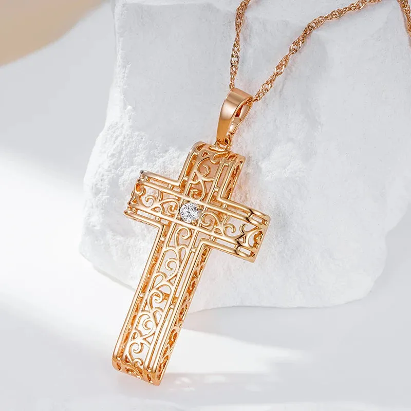 Luxury 14K Filled Rose Gold With AAA Zircon Diamonds Glossy Hollow Cross Pendant Necklace - Fashion Jewellery