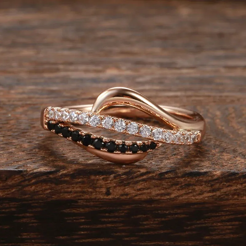 Luxury Fashion Filled 14K Rose Gold 2 Rows Black and White AAA Zircon Diamonds Vintage Cross Ring