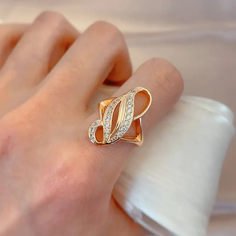Luxury Hollow Double Curve Geometric Paved Filled 14K Rose Gold AAA  ZirconDiamonds Rings - Vintage Jewelry