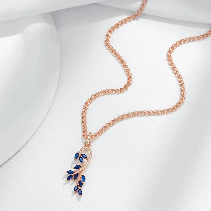 Luxury Rolled 14K Rose Gold AAA Zircon Crystals Luxury Blue Leaf Shape Pendant And Necklace For Women