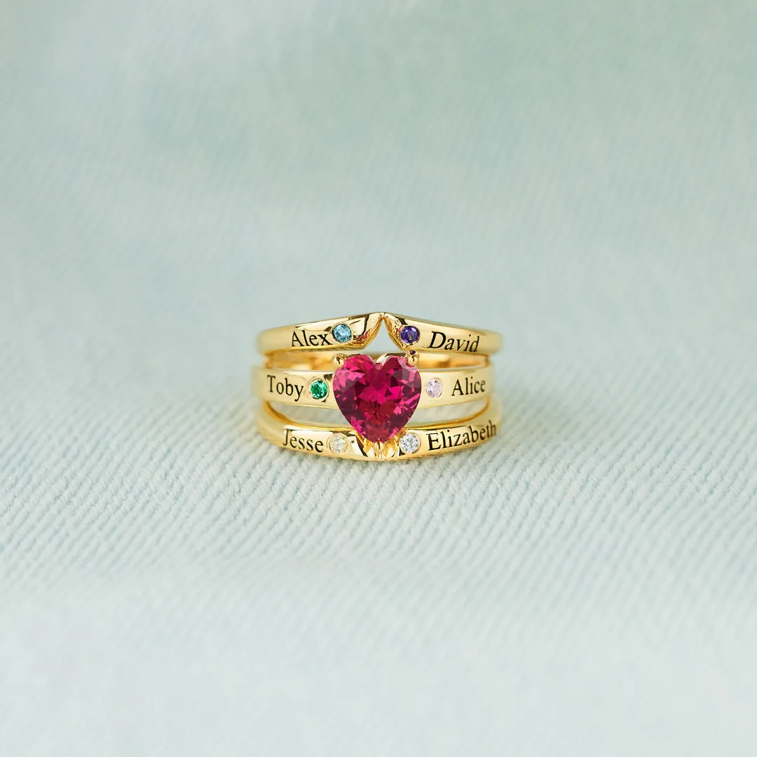 Mama's Valentines 1-6 Names & Birthstones Multi-Band Heart Ring
