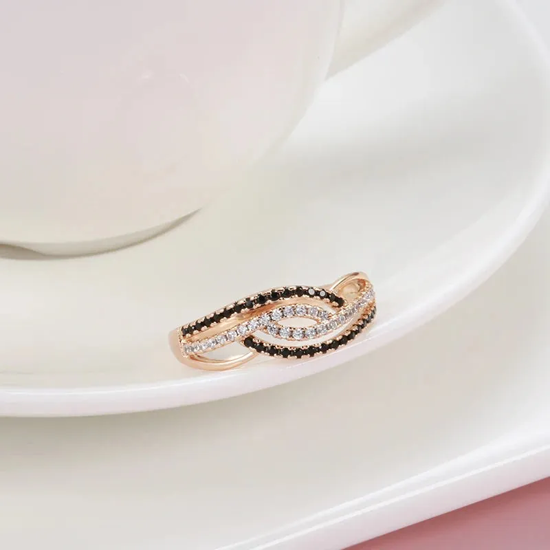 Marvelous Trendy 14K Rolled Rose Gold AAA Black With White Zircon Ring - Fine Geometric Daily Jewellery
