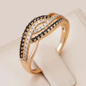 Marvelous Trendy 14K Rolled Rose Gold AAA Black With White Zircon Ring - Fine Geometric Daily Jewellery