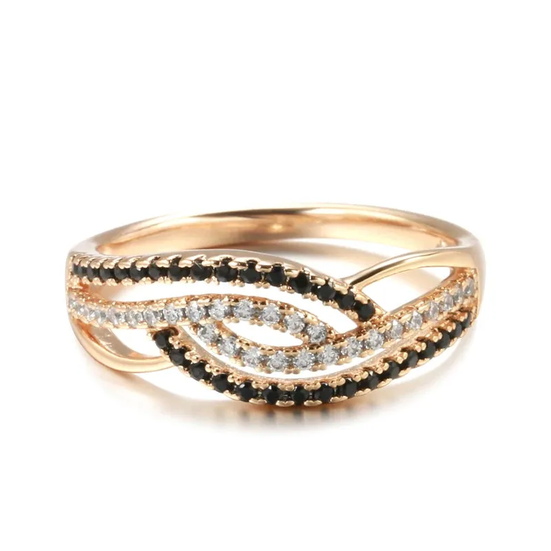 Marvelous Trendy 14K Rolled Rose Gold AAA Black With White Zircon Ring - Fine Geometric Daily Jewellery