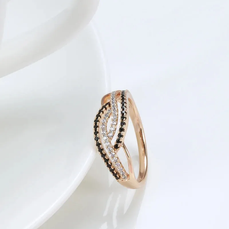 Marvelous Trendy 14K Rolled Rose Gold AAA Black With White Zircon Ring - Fine Geometric Daily Jewellery