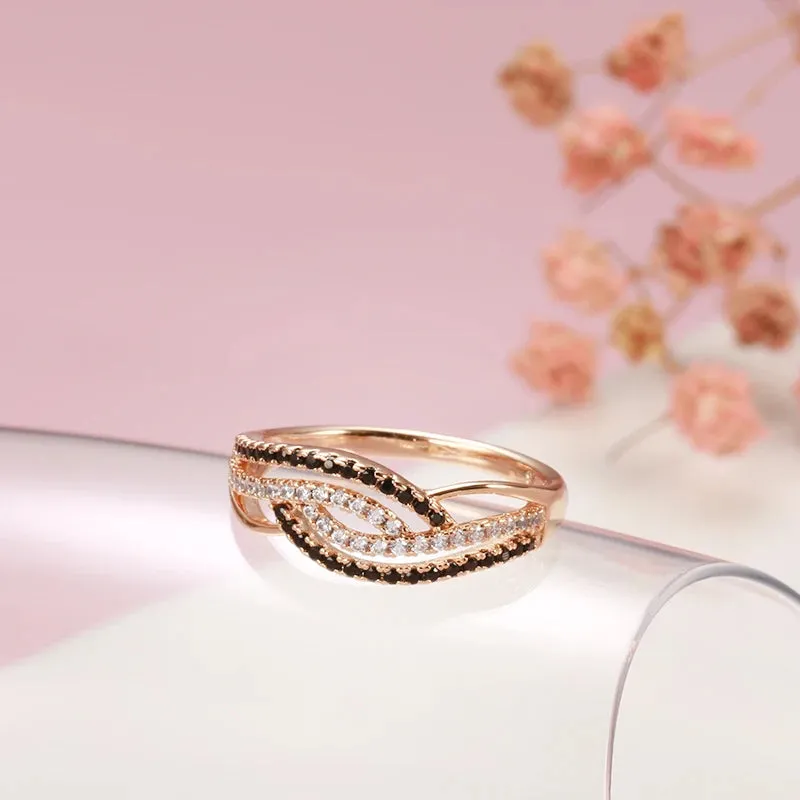 Marvelous Trendy 14K Rolled Rose Gold AAA Black With White Zircon Ring - Fine Geometric Daily Jewellery