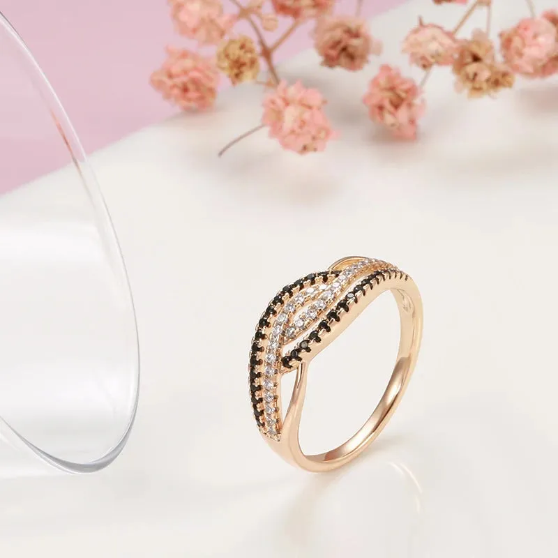 Marvelous Trendy 14K Rolled Rose Gold AAA Black With White Zircon Ring - Fine Geometric Daily Jewellery