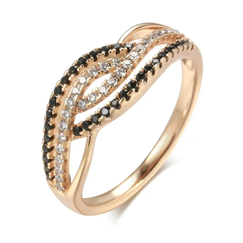 Marvelous Trendy 14K Rolled Rose Gold AAA Black With White Zircon Ring - Fine Geometric Daily Jewellery