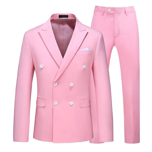 Men Two-piece Suit Double-breasted Solid Color Slim Business Casual Suits with Pants