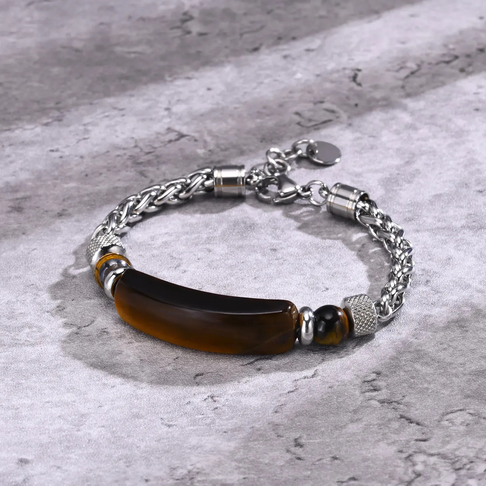 Mens Natural Stone Bracelets, Waterproof Stainless Steel Wheat Chain Wristband Gifts