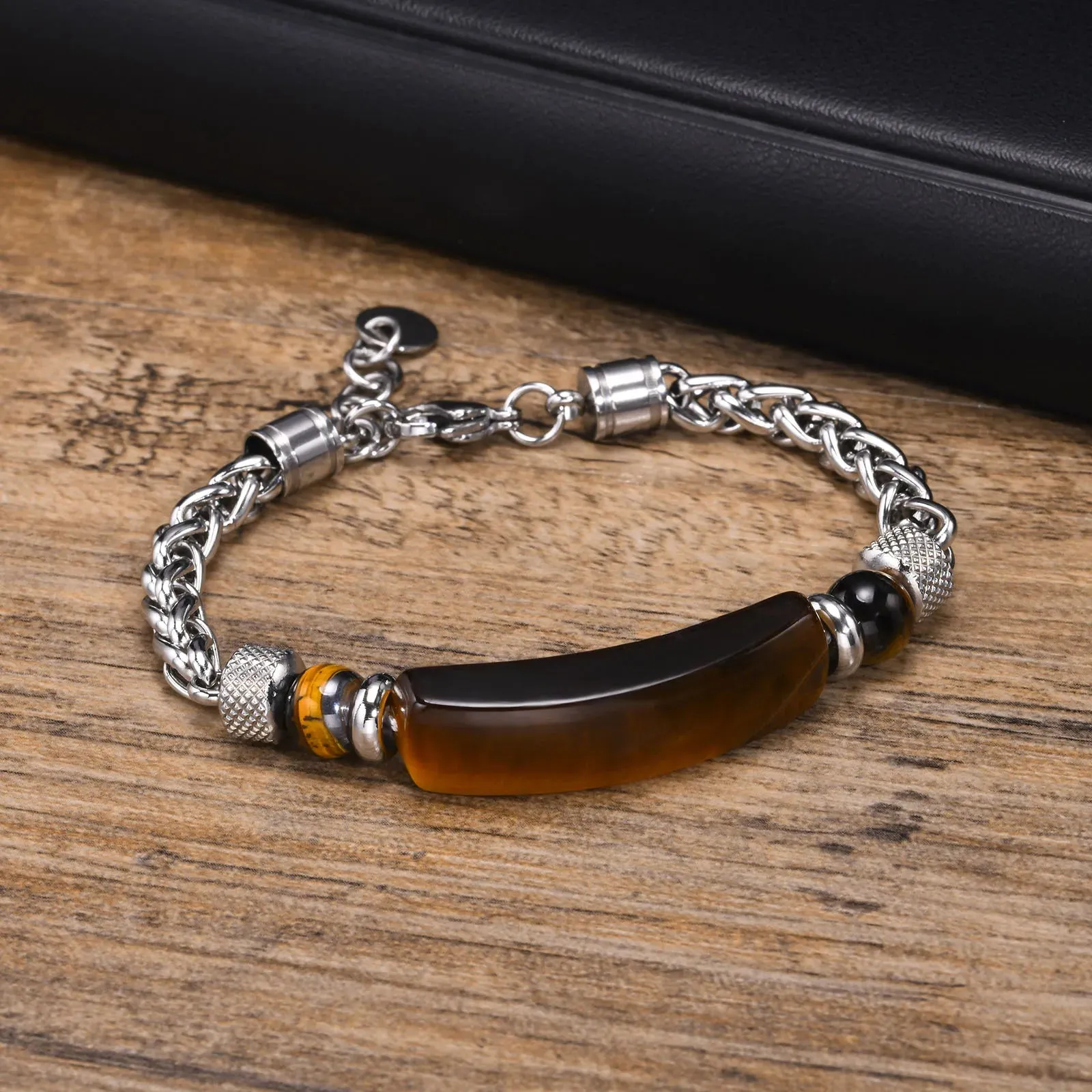 Mens Natural Stone Bracelets, Waterproof Stainless Steel Wheat Chain Wristband Gifts