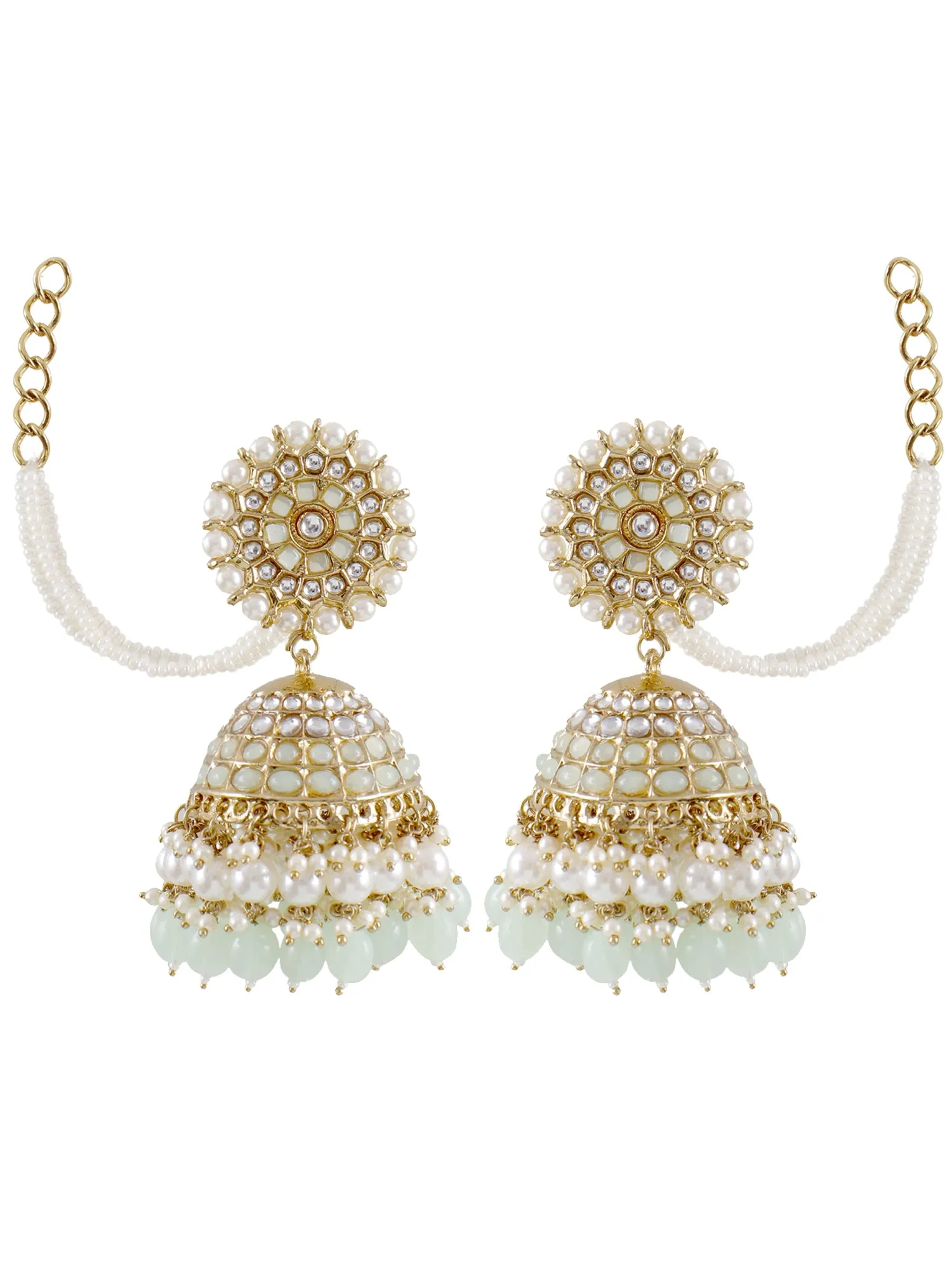 Mint Green Stylish Long Jhumka Earrings with Ear Chain