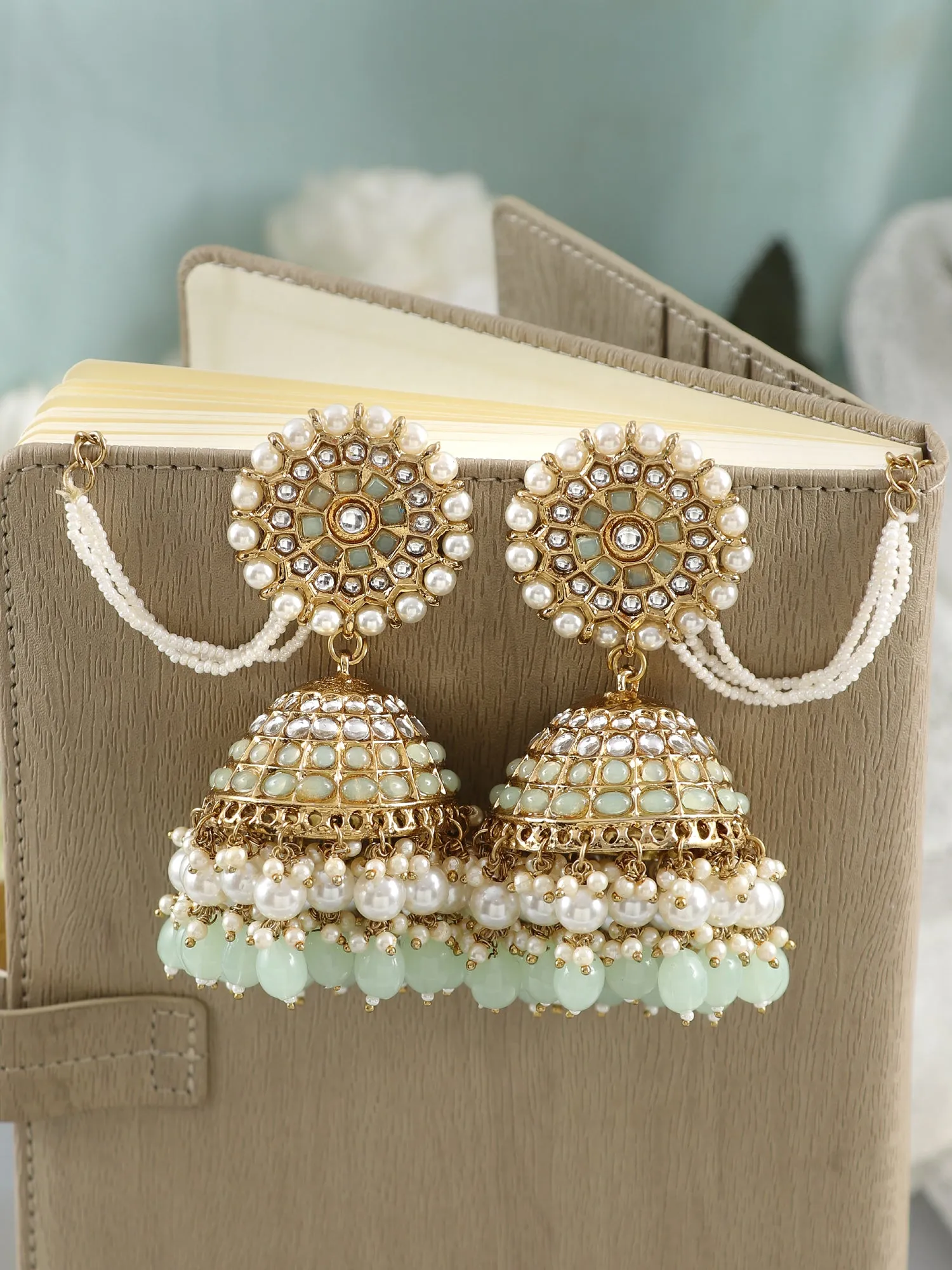 Mint Green Stylish Long Jhumka Earrings with Ear Chain