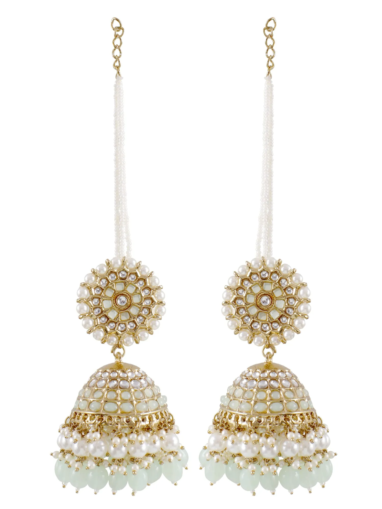 Mint Green Stylish Long Jhumka Earrings with Ear Chain