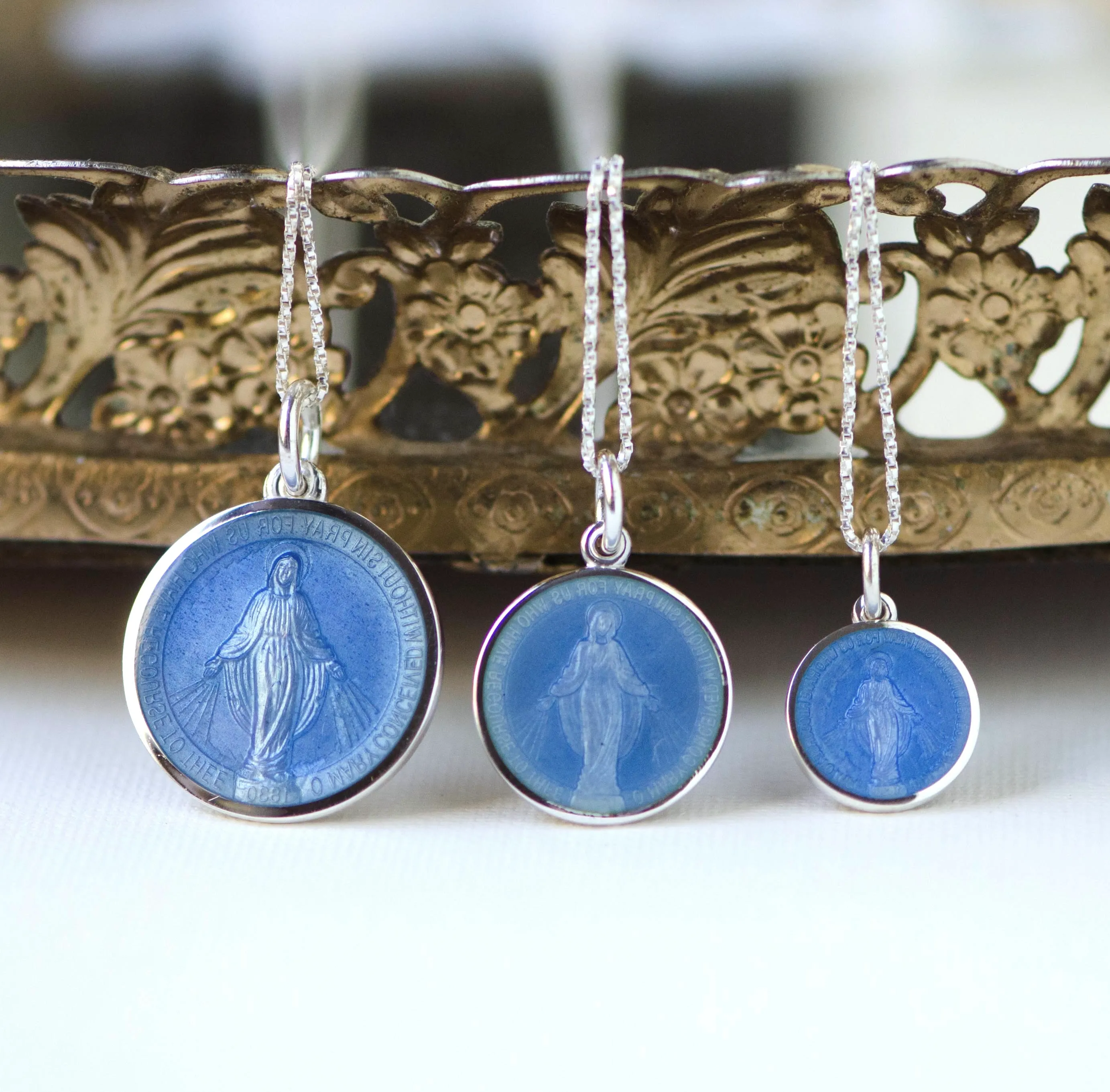 Miraculous Medal Pendant in Sterling Silver with French Blue Enamel (3 Sizes)