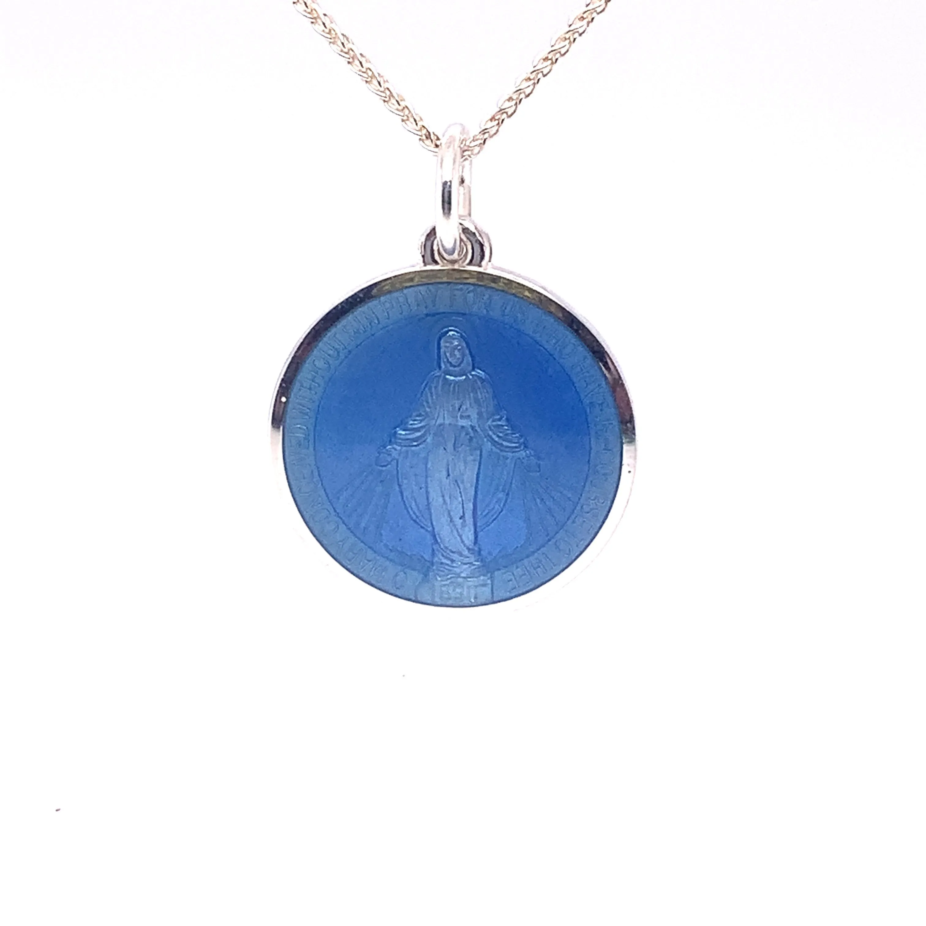 Miraculous Medal Pendant in Sterling Silver with French Blue Enamel (3 Sizes)