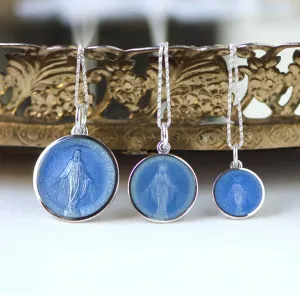 Miraculous Medal Pendant in Sterling Silver with French Blue Enamel (3 Sizes)