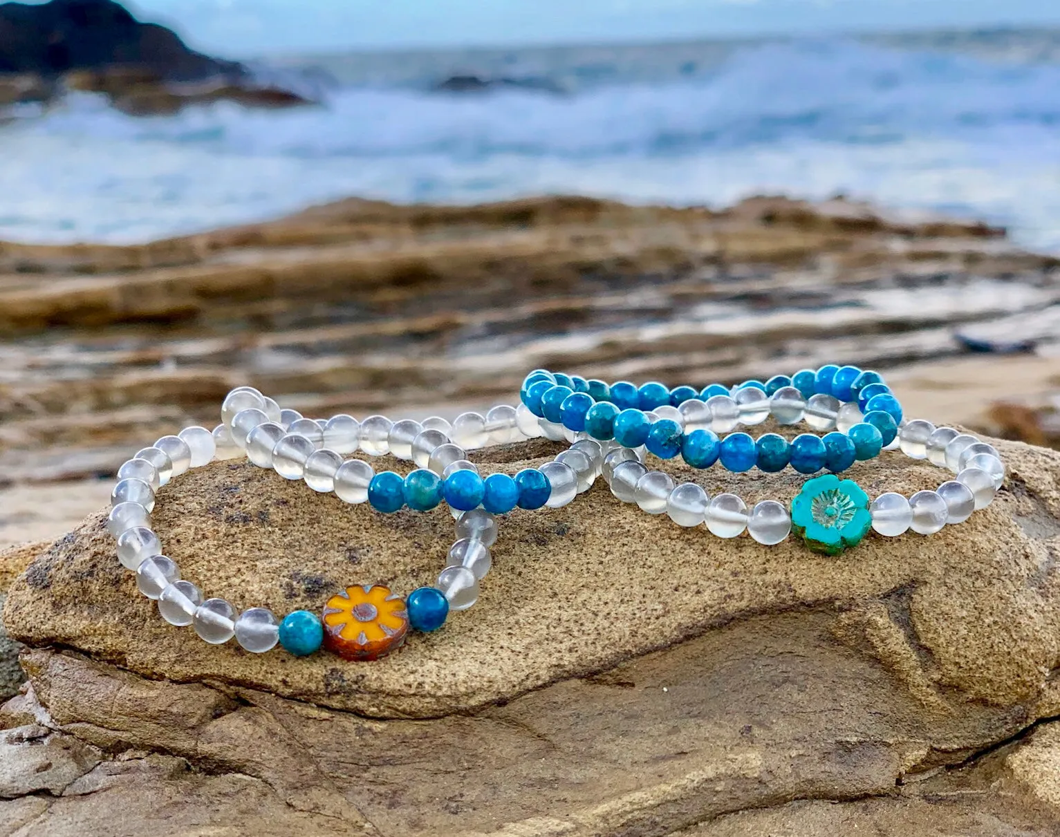 Moonstone and Teal Flower Minimalist Bracelet