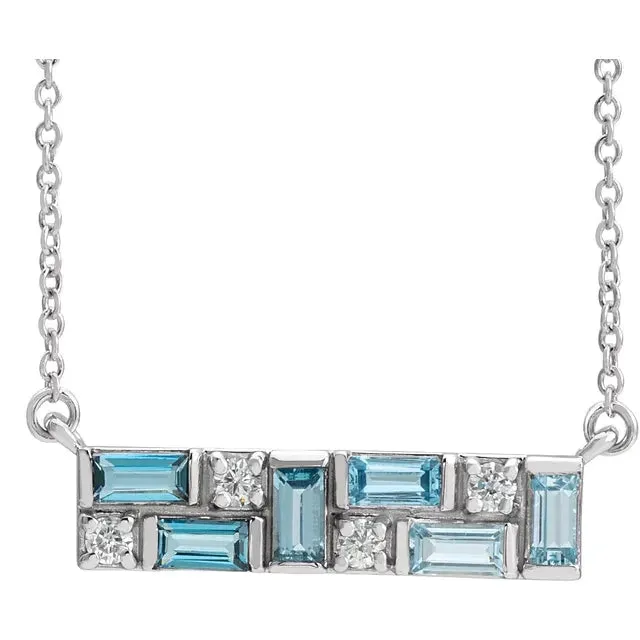 Mosaic Natural Blue Topaz or Pink Sapphire Tourmaline Garnet & Diamond Bar 18" Necklace 14K White Yellow Rose Gold
