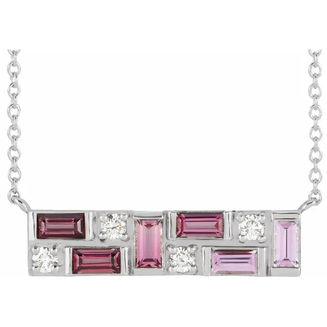 Mosaic Natural Blue Topaz or Pink Sapphire Tourmaline Garnet & Diamond Bar 18" Necklace 14K White Yellow Rose Gold