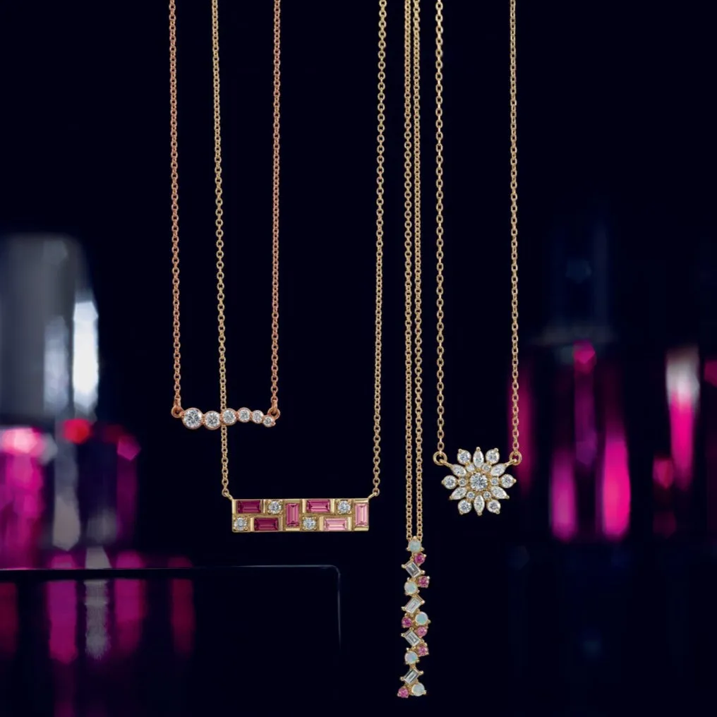 Mosaic Natural Blue Topaz or Pink Sapphire Tourmaline Garnet & Diamond Bar 18" Necklace 14K White Yellow Rose Gold
