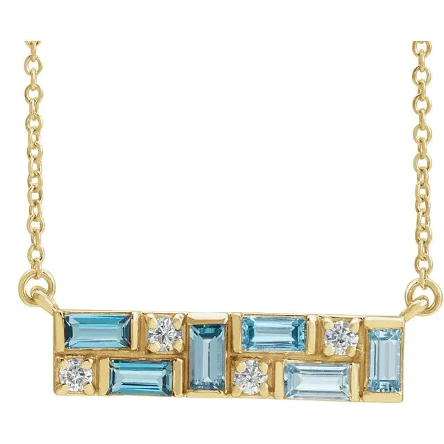 Mosaic Natural Blue Topaz or Pink Sapphire Tourmaline Garnet & Diamond Bar 18" Necklace 14K White Yellow Rose Gold