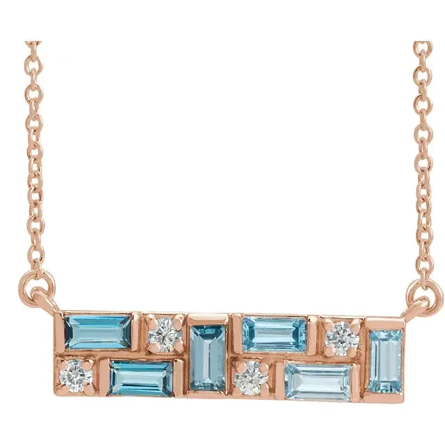 Mosaic Natural Blue Topaz or Pink Sapphire Tourmaline Garnet & Diamond Bar 18" Necklace 14K White Yellow Rose Gold