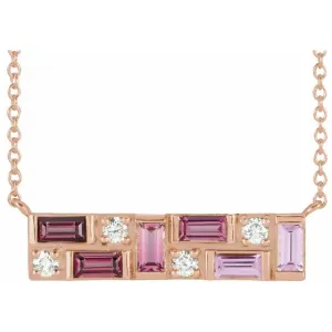 Mosaic Natural Blue Topaz or Pink Sapphire Tourmaline Garnet & Diamond Bar 18" Necklace 14K White Yellow Rose Gold