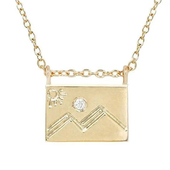 Mountain Diamond   14K Gold Postcard Charm Necklace