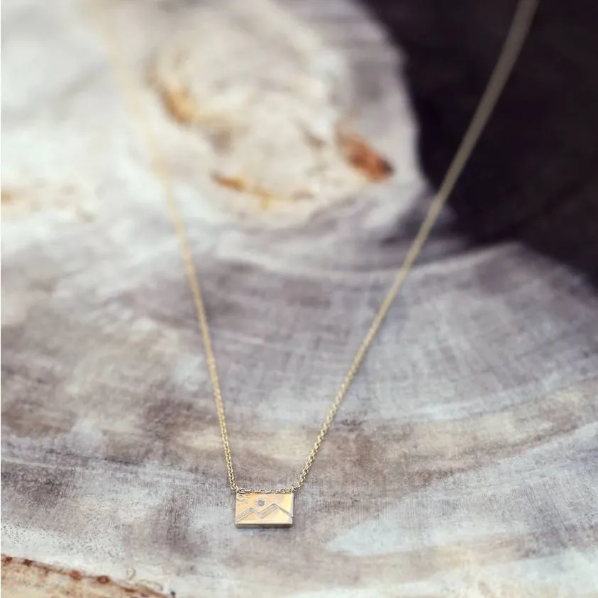 Mountain Diamond   14K Gold Postcard Charm Necklace