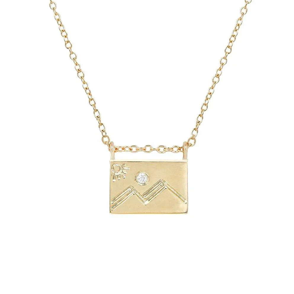 Mountain Diamond   14K Gold Postcard Charm Necklace