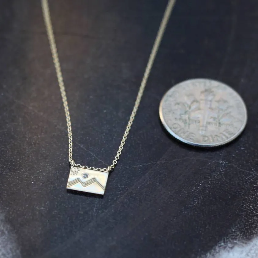 Mountain Diamond   14K Gold Postcard Charm Necklace