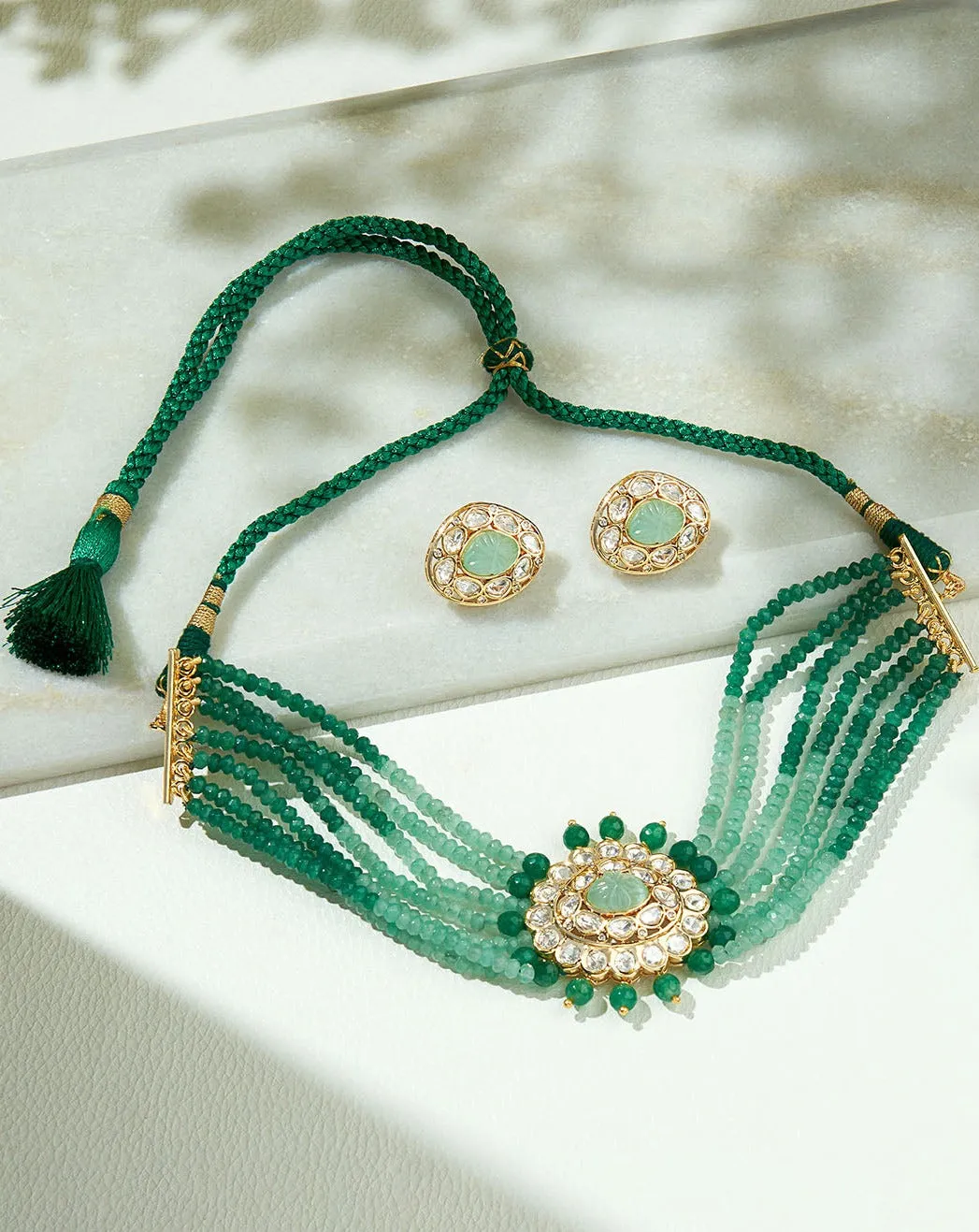 Multi Shaded Green Polki Choker Set