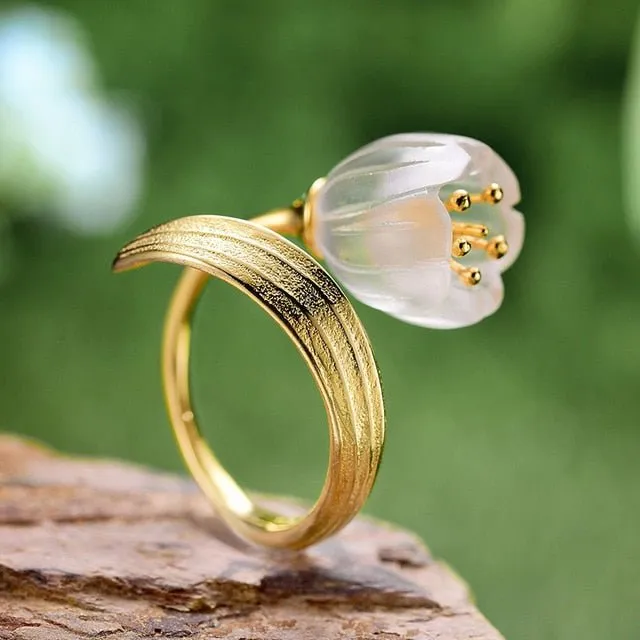 Natural Crystal Handmade 925 Sterling Silver Fine Jewelry Lily of the Valley Flower Rings For Women