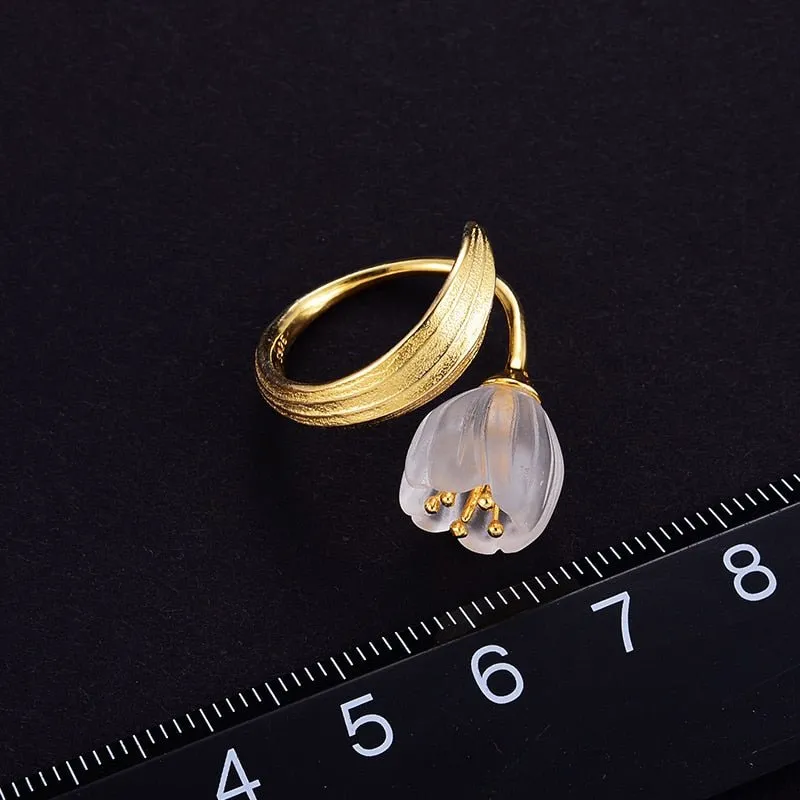 Natural Crystal Handmade 925 Sterling Silver Fine Jewelry Lily of the Valley Flower Rings For Women