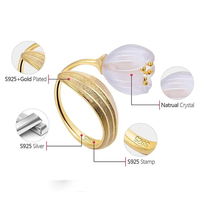 Natural Crystal Handmade 925 Sterling Silver Fine Jewelry Lily of the Valley Flower Rings For Women