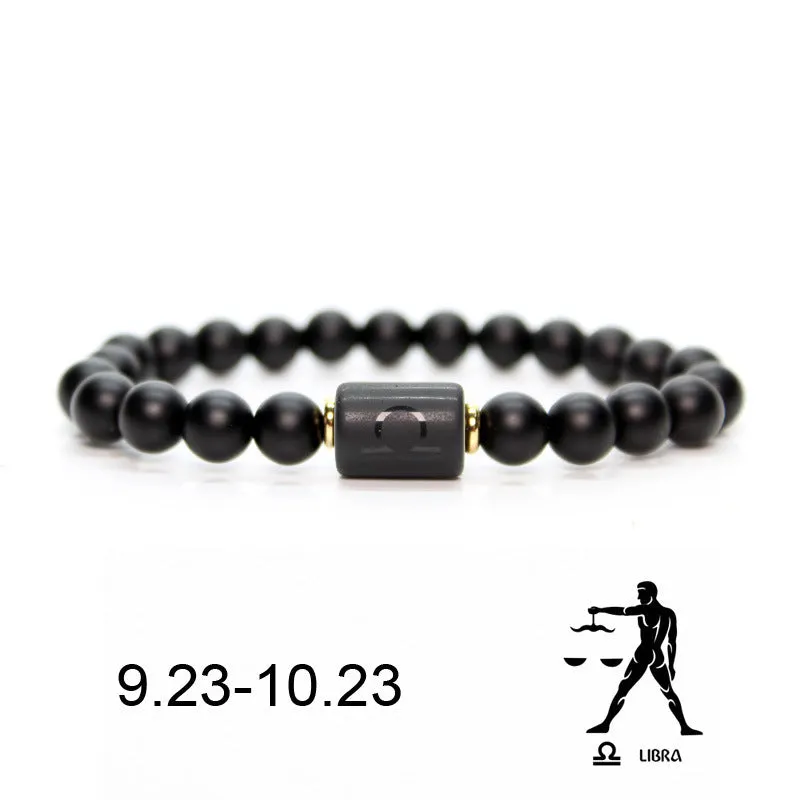 Natural Frosted Black Agate Zodiac Sign Bracelet
