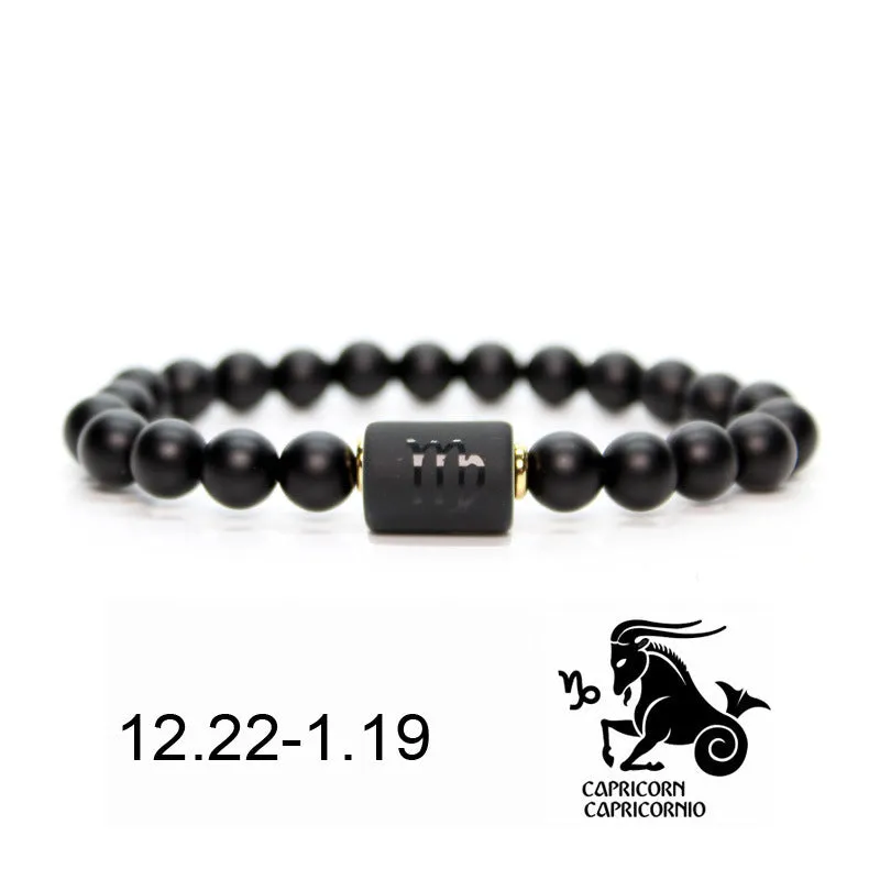 Natural Frosted Black Agate Zodiac Sign Bracelet