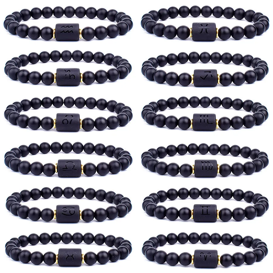 Natural Frosted Black Agate Zodiac Sign Bracelet