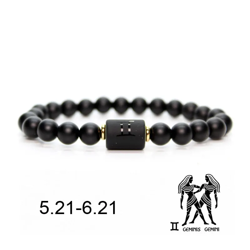 Natural Frosted Black Agate Zodiac Sign Bracelet