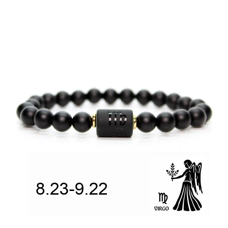Natural Frosted Black Agate Zodiac Sign Bracelet