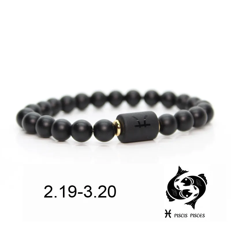 Natural Frosted Black Agate Zodiac Sign Bracelet