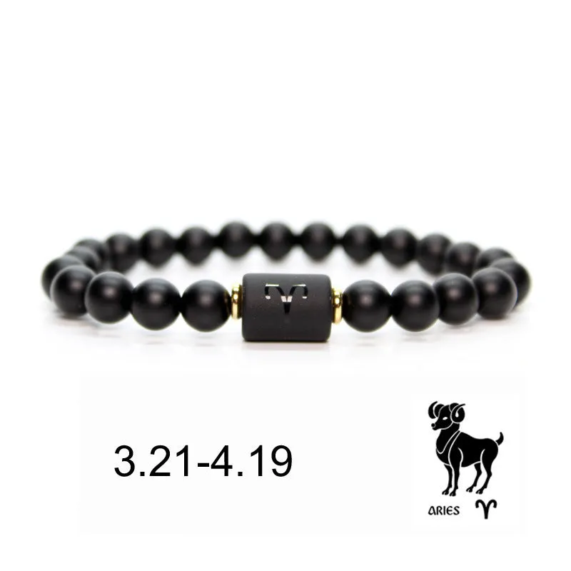 Natural Frosted Black Agate Zodiac Sign Bracelet