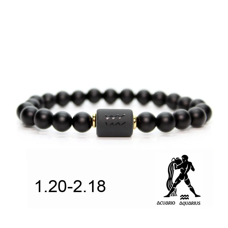 Natural Frosted Black Agate Zodiac Sign Bracelet