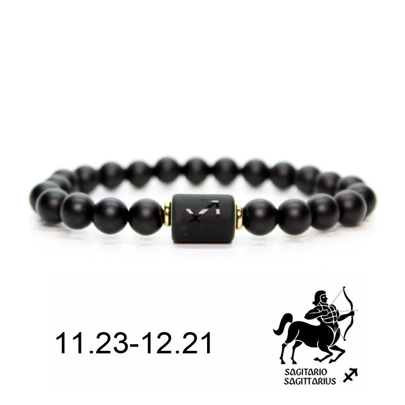 Natural Frosted Black Agate Zodiac Sign Bracelet